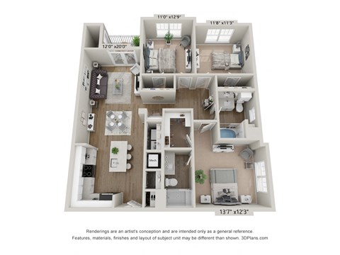 Floor plan for 3 beds, 2 baths, 1327 sqft